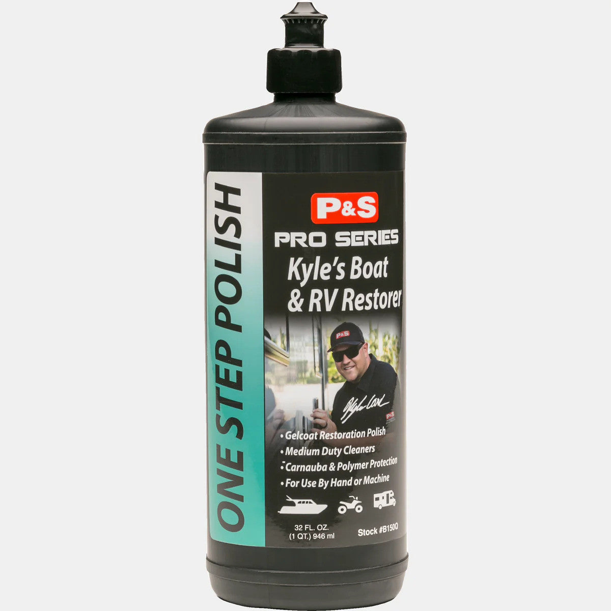 Bottle of P&S Pro Series One Step Polish for Kyle's Boat & RV Restorer on a white background
