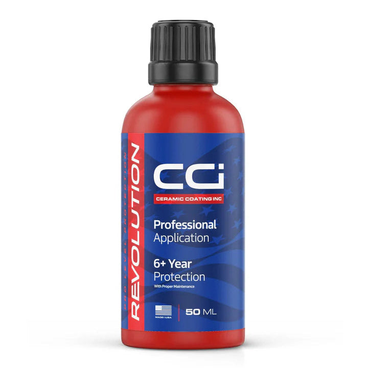 Bottle of CGI Revolution with red and blue label on a white background