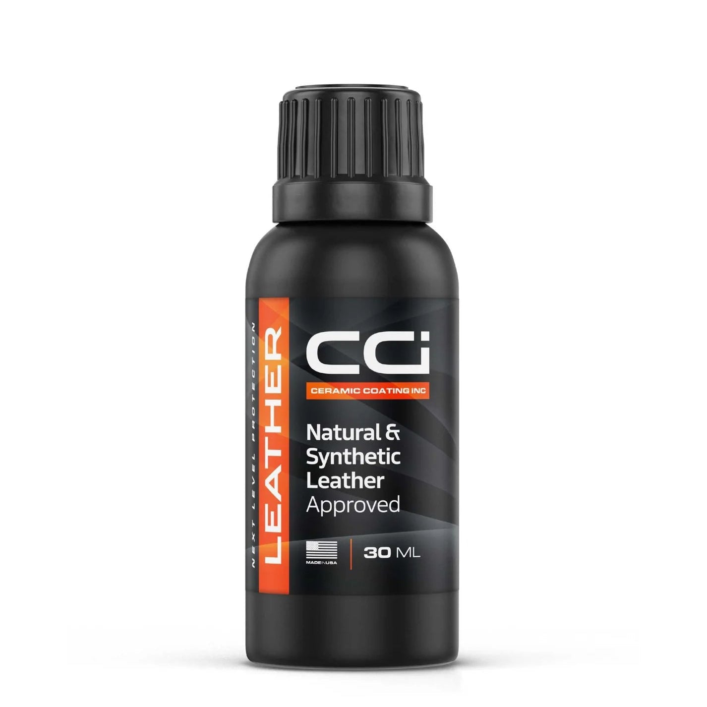 Black bottle of CCI leather care product on a white background