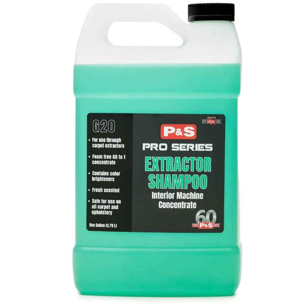 Green bottle of P&S Pro Series Extractor Shampoo on a white background