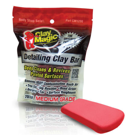 Clay Magic detailing clay bar packaging with a red clay bar on a white background
