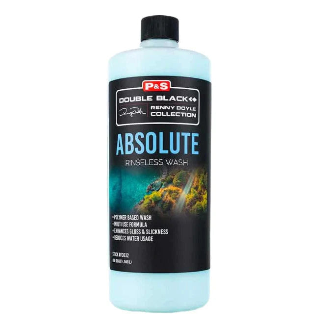 Bottle of P&S Double Black Collection Absolute Rinseless Wash on a white background