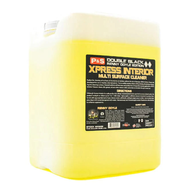 Yellow container of Xpress Interior Multi-Surface Cleaner with a label on a white background