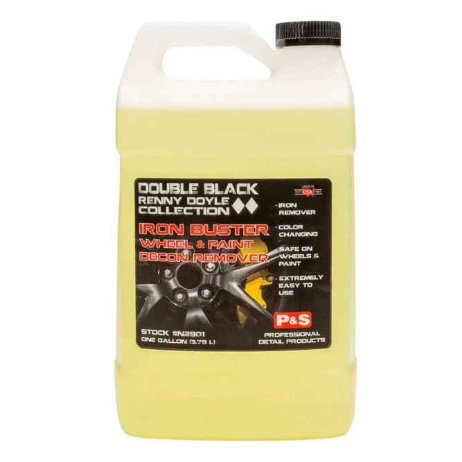 Yellow bottle of Double Black Iron Blaster with a black label on a white background