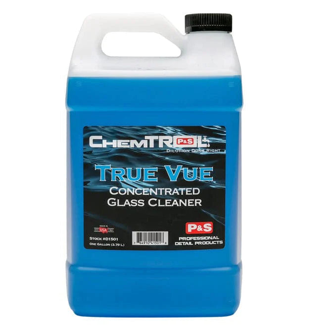 Blue bottle of Chemtronics True Vue glass cleaner on a white background